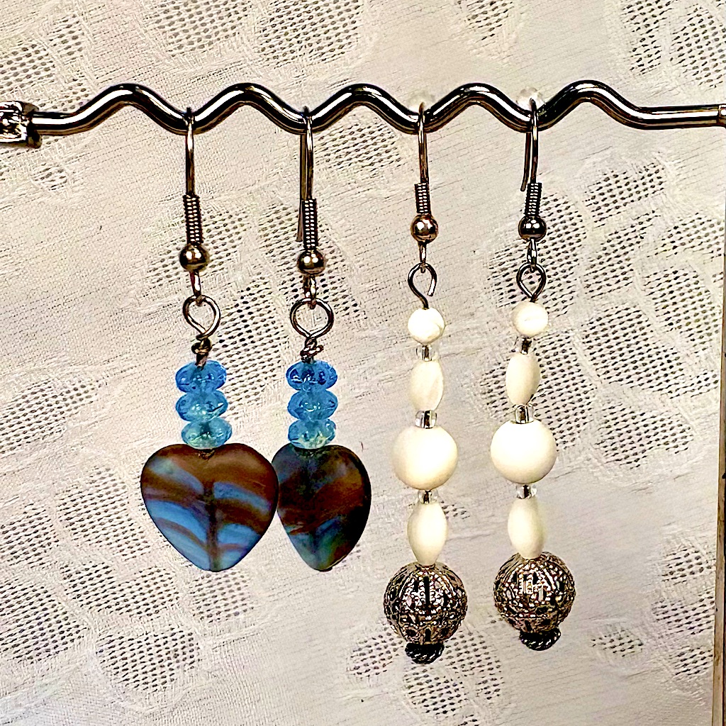 Earrings Pierced Handcrafted Unique Design Red +Blue Heart Beads & White +Silver